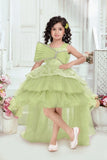 Designer Pista Green Bow Embellished And Sequins Work Party Wear Tail Back Frock for Girls