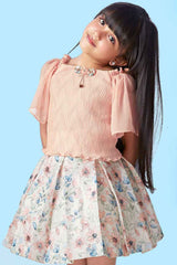 Peach Top and Printed Skirt Set For Girls