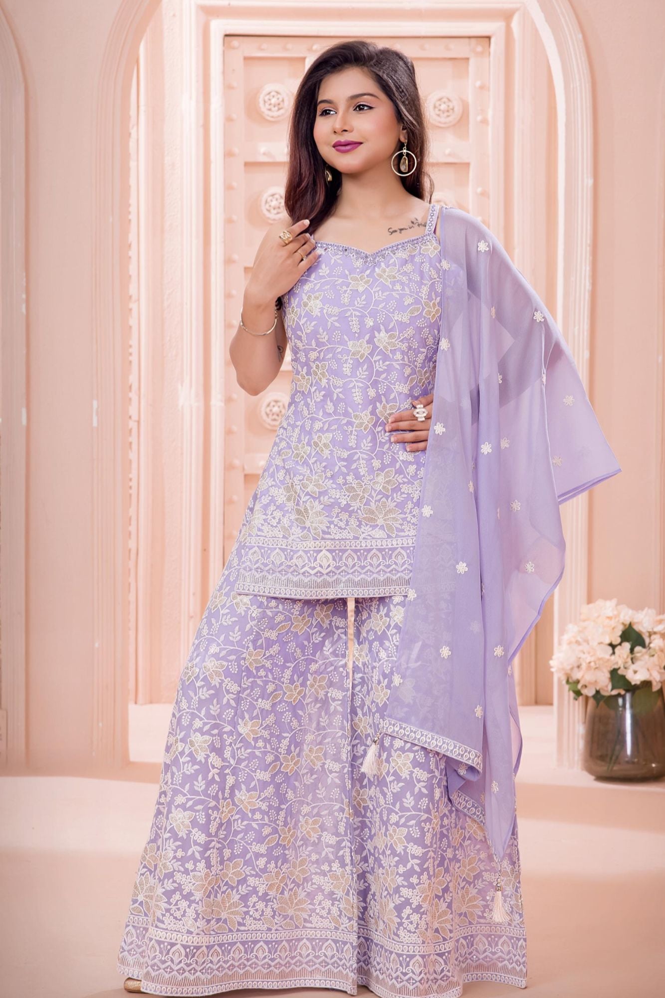 Lavender Embroidered Palazzo Set with Dupatta For Girls