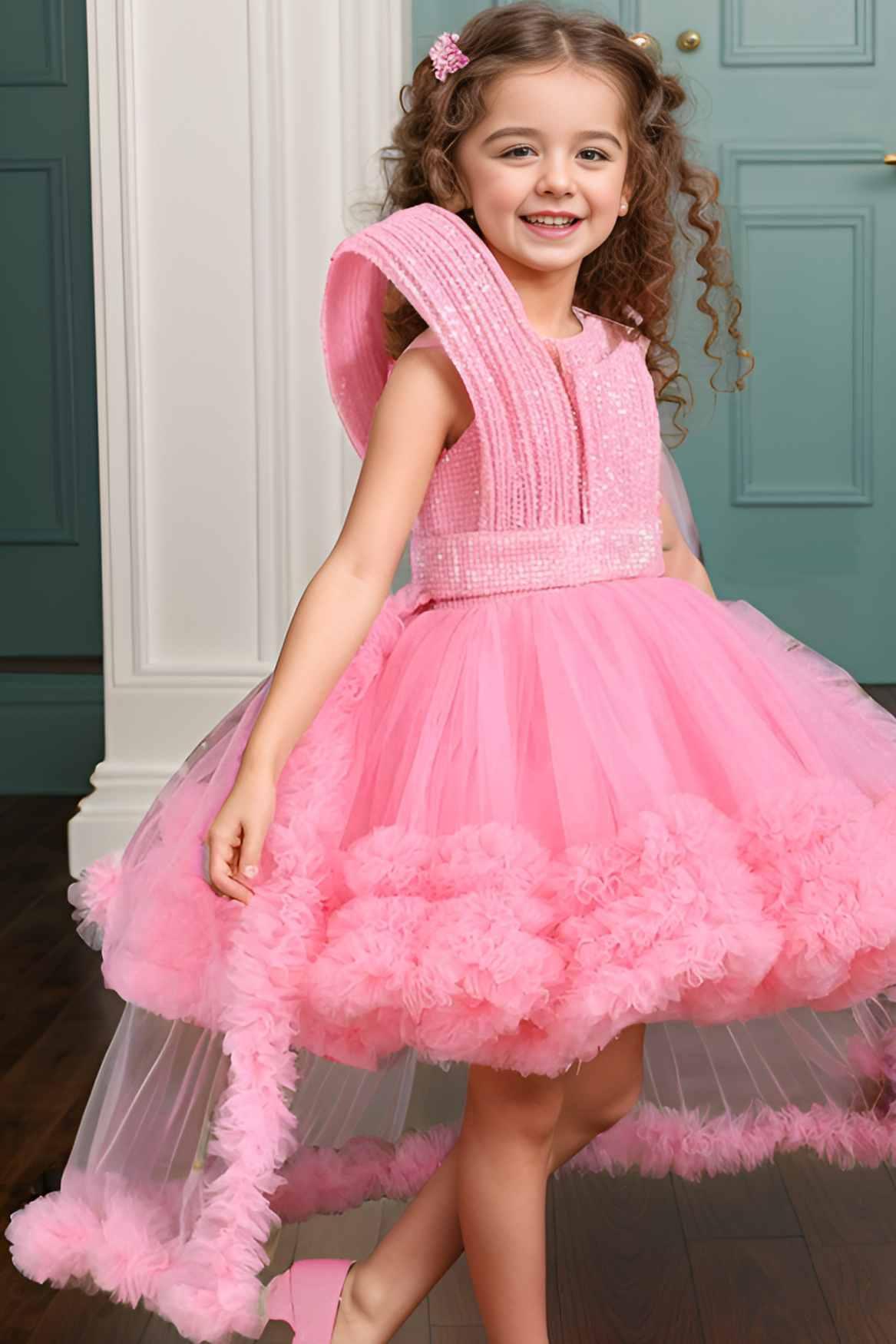 Designer Peach Sequin Partywear Net Tailback Frock For Girls - Lagorii Kids