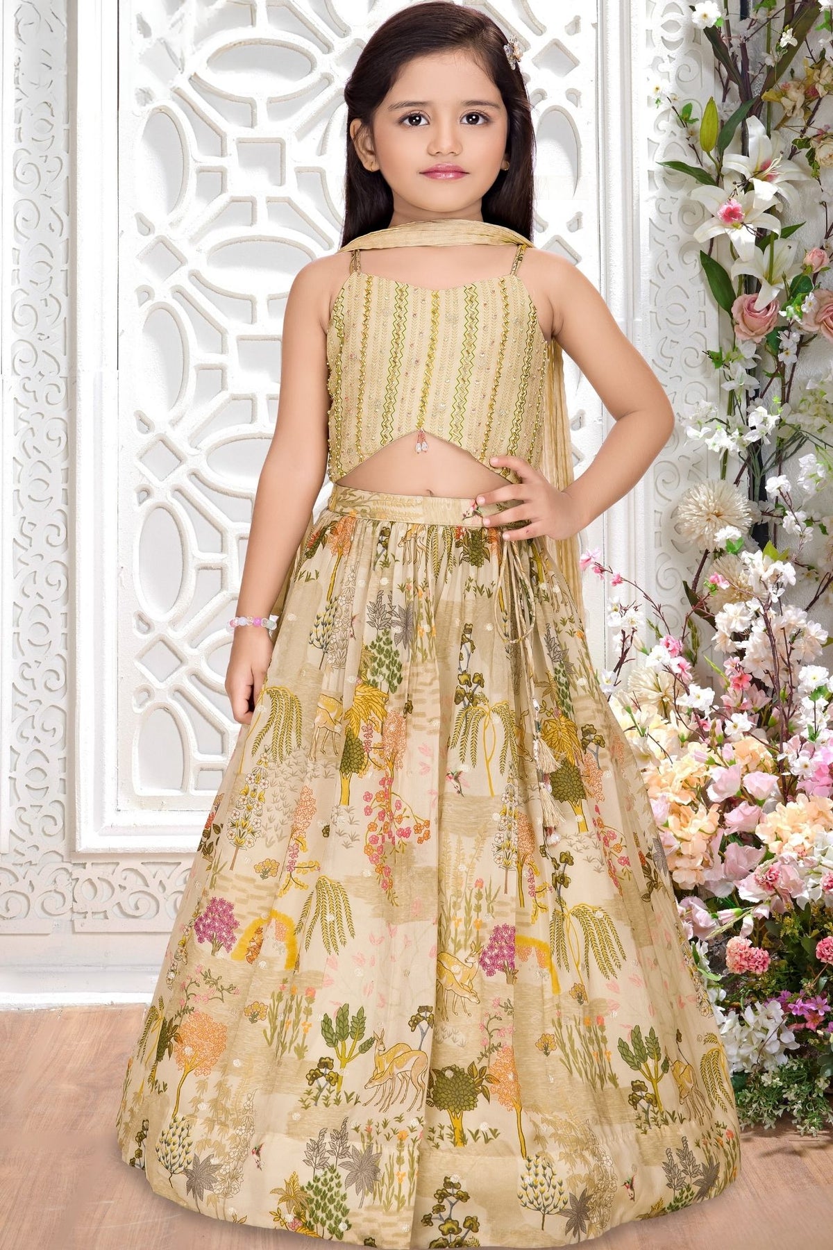 Girls Fawn Bead Embellished Lehenga Choli With Lehenga And Dupatta
