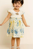 White With Multicolour Floral Printed Cotton Dress with Ruffle Sleeves For Girls