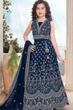 Navy Blue Embroidered Lehenga Choli Set with Dupatta For Girls