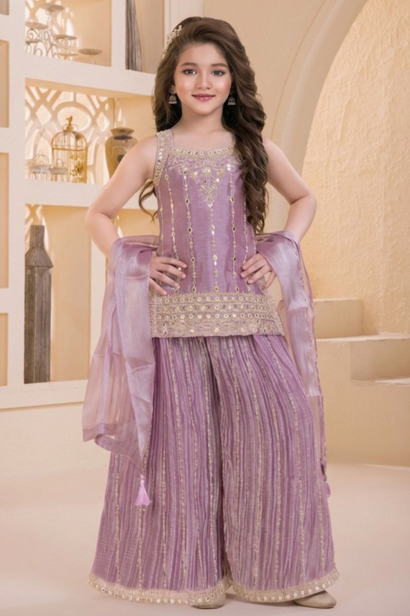 Lavender Designer Embroidered Palazzo Set For Girls