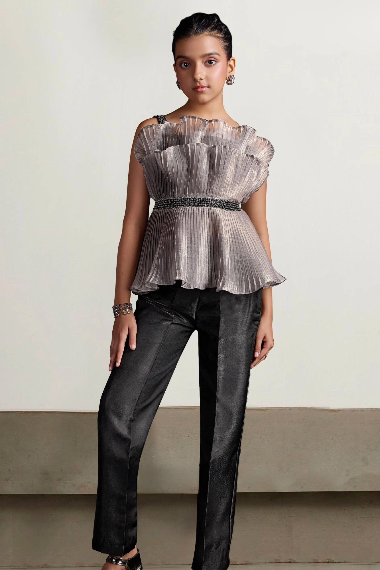 Metallic Ash Grey Pleated Top with Pants For Girls