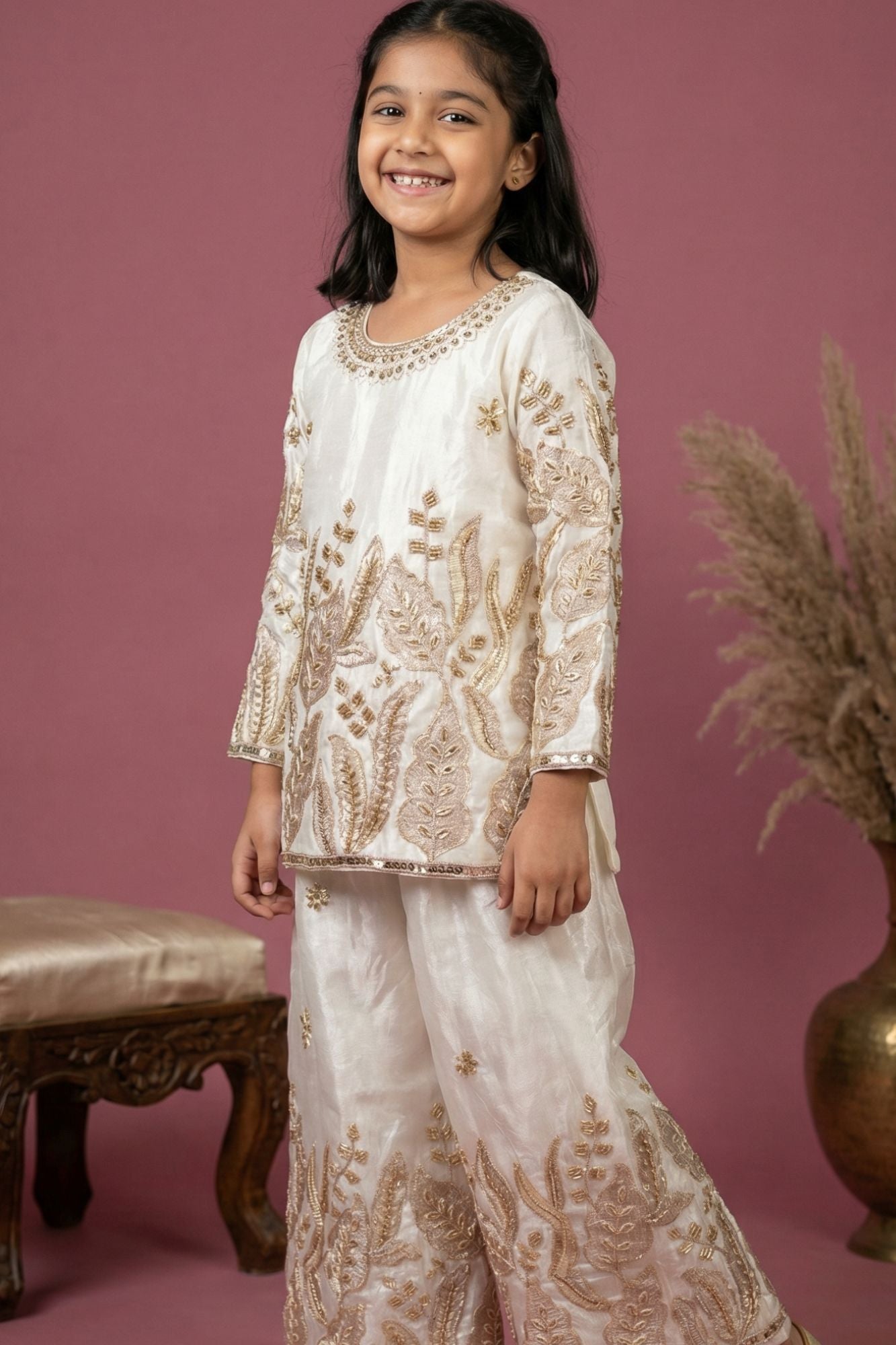Cream Heavy Embroidered Palazzo Set For Girls