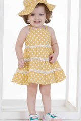 Lemon Yellow Printed Cotton Casual Wear Frock For Girls