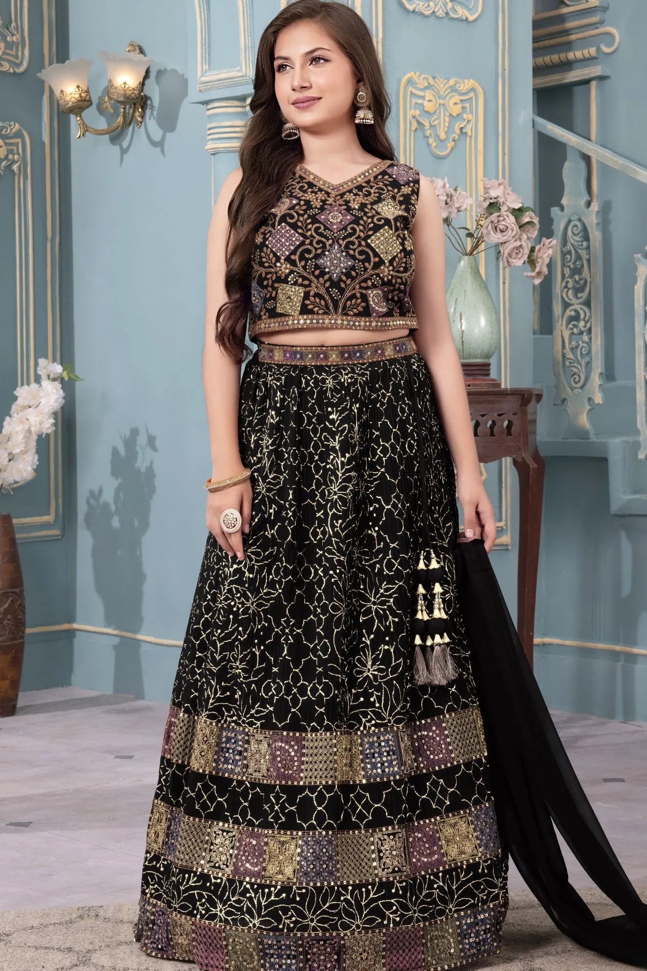 Black Thread Embroidered Lehenga Choli Set with Dupatta For Girls