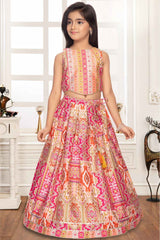 Rani Pink Sleeveless And Bandhani Printed Lehenga Choli Set For Girls