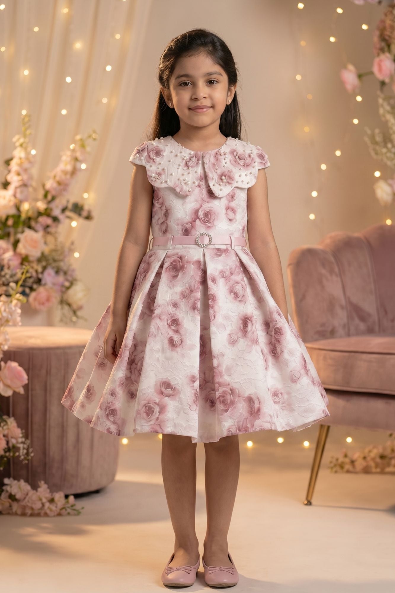 Ivory Floral Print Party Frock With Belt  For Girls