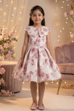 Ivory Floral Print Party Frock With Belt  For Girls