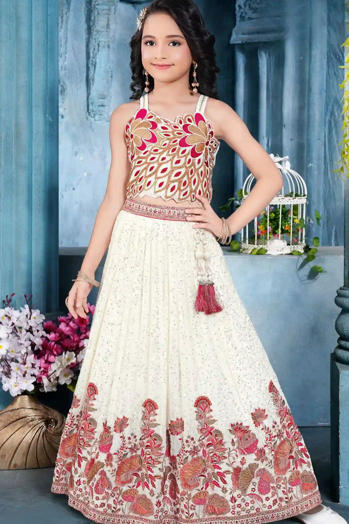 Ivory Embroidered Lehenga Choli with Tassels For Girls