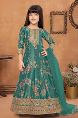 Green Printed Gown With Sequin And Embroidery Work For Girls