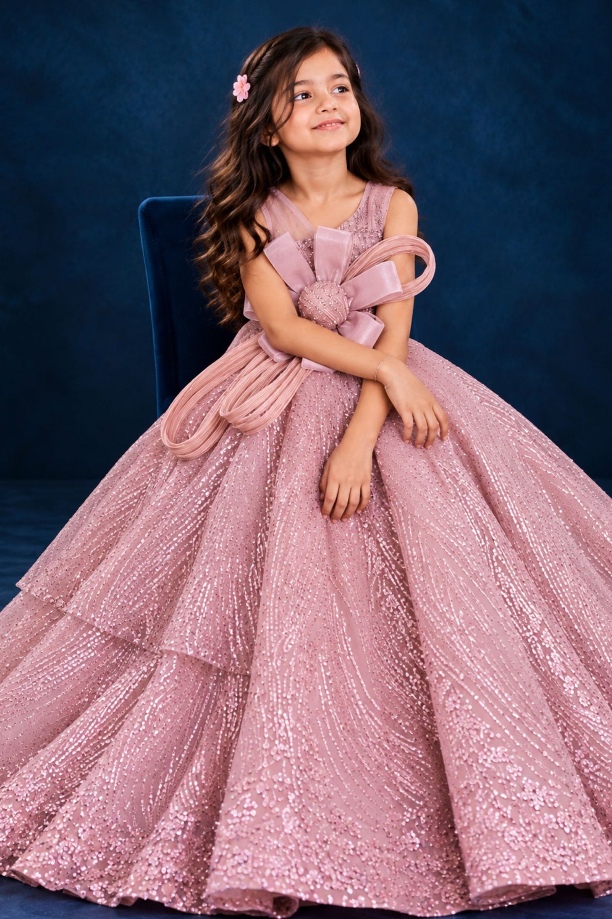 Girls Blush Pink Sequin Bow Party Wear Gown