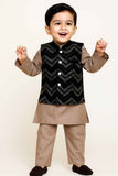 Brown Kurta Pyjama Set With Black Velvet Chevron Nehru Jacket For Boys