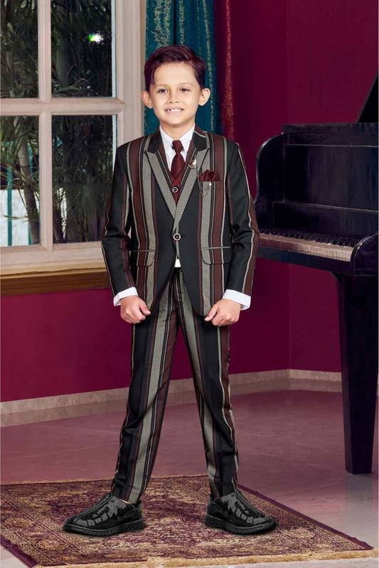 Classic Black And Marron Vertical Striped Blazer Set For Boys