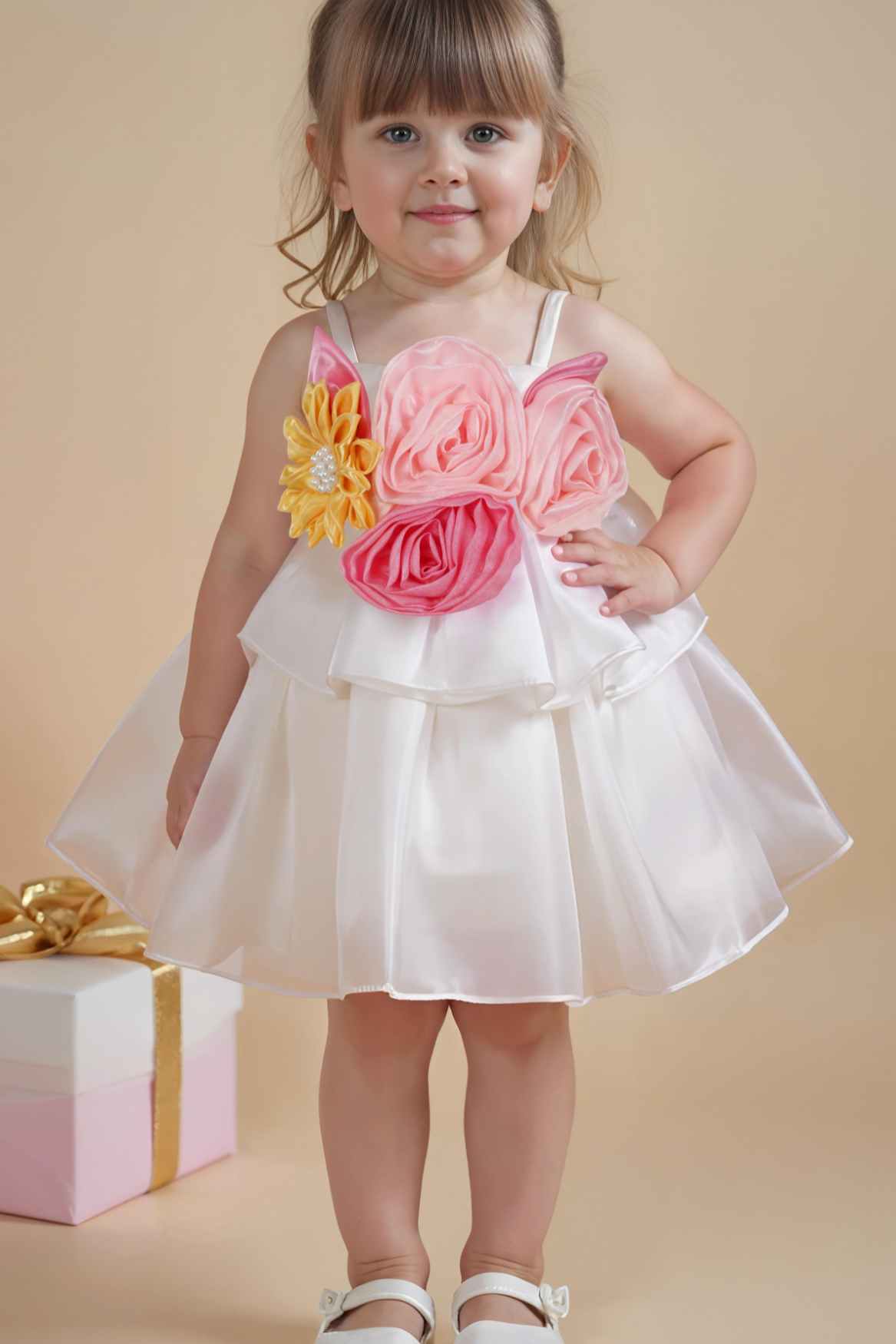 White Organza Party Frock With Oversized Floral Appliqué for Girls