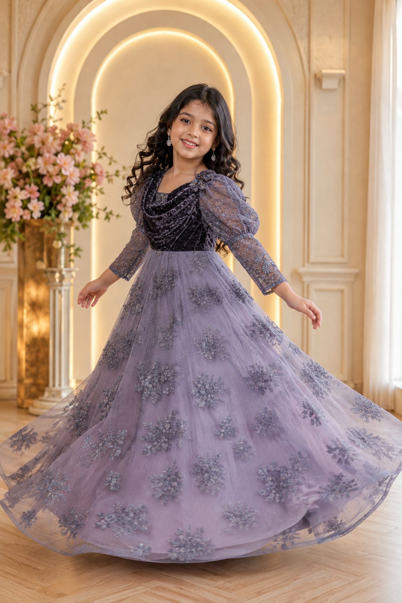 Charcoal Embroidered Ball Gown with Velvet Drape Neck