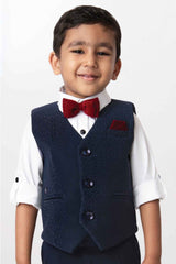 White Shirt With Navy Blue Waistcoat And Pant Set For Boys