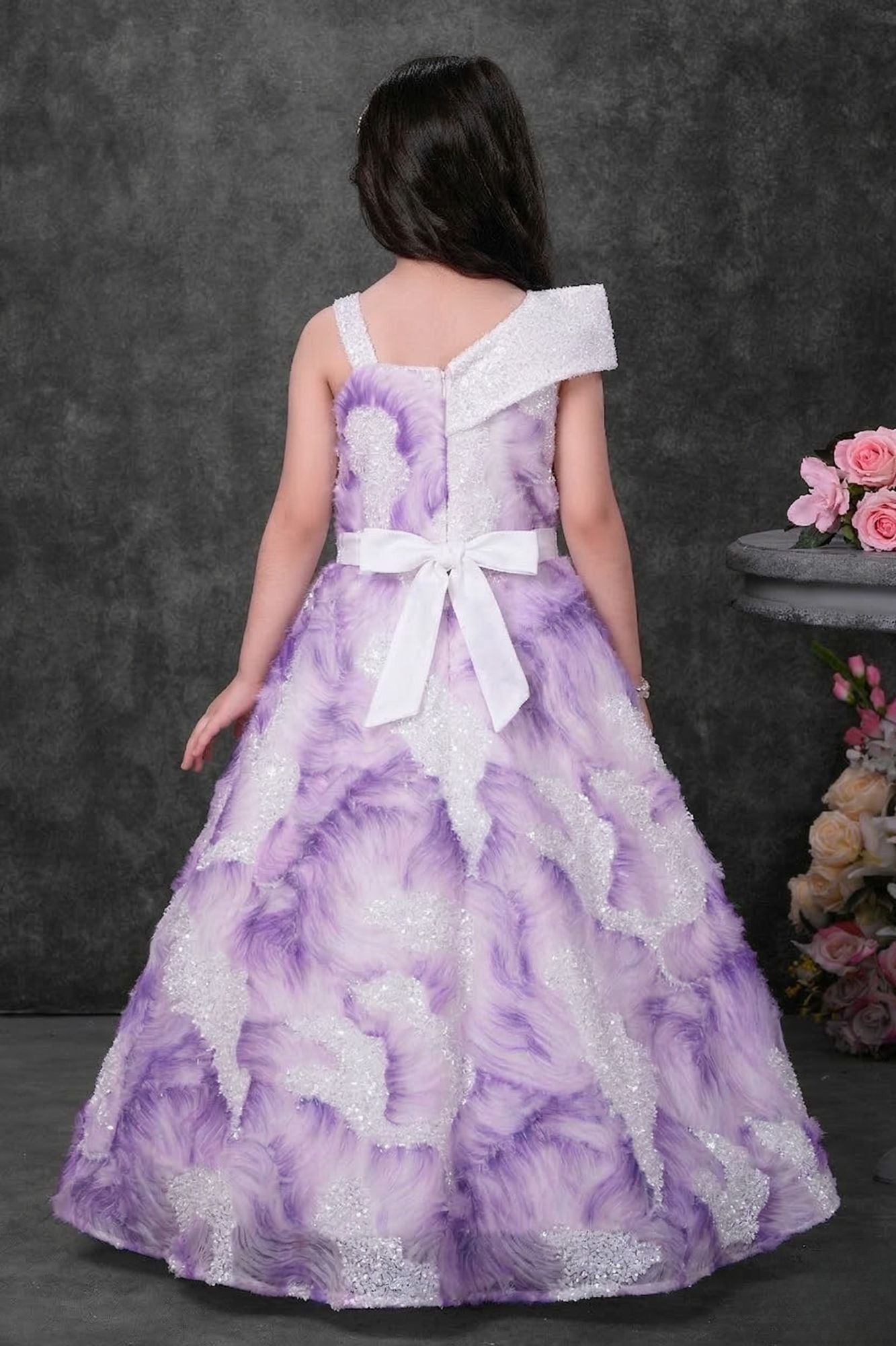 Lavender Floral Appliqué Party Wear Gown For Girls