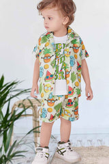 Green Printed Shirt And Short With White T-shirt Set For Boys