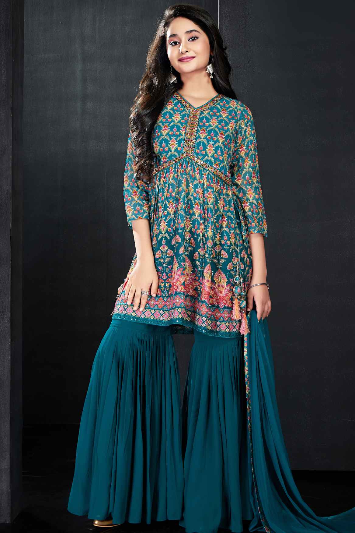 Teal Blue Printed And Mirror Work Top With Sharara Set For Girls