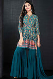 Teal Blue Printed And Mirror Work Top With Sharara Set For Girls