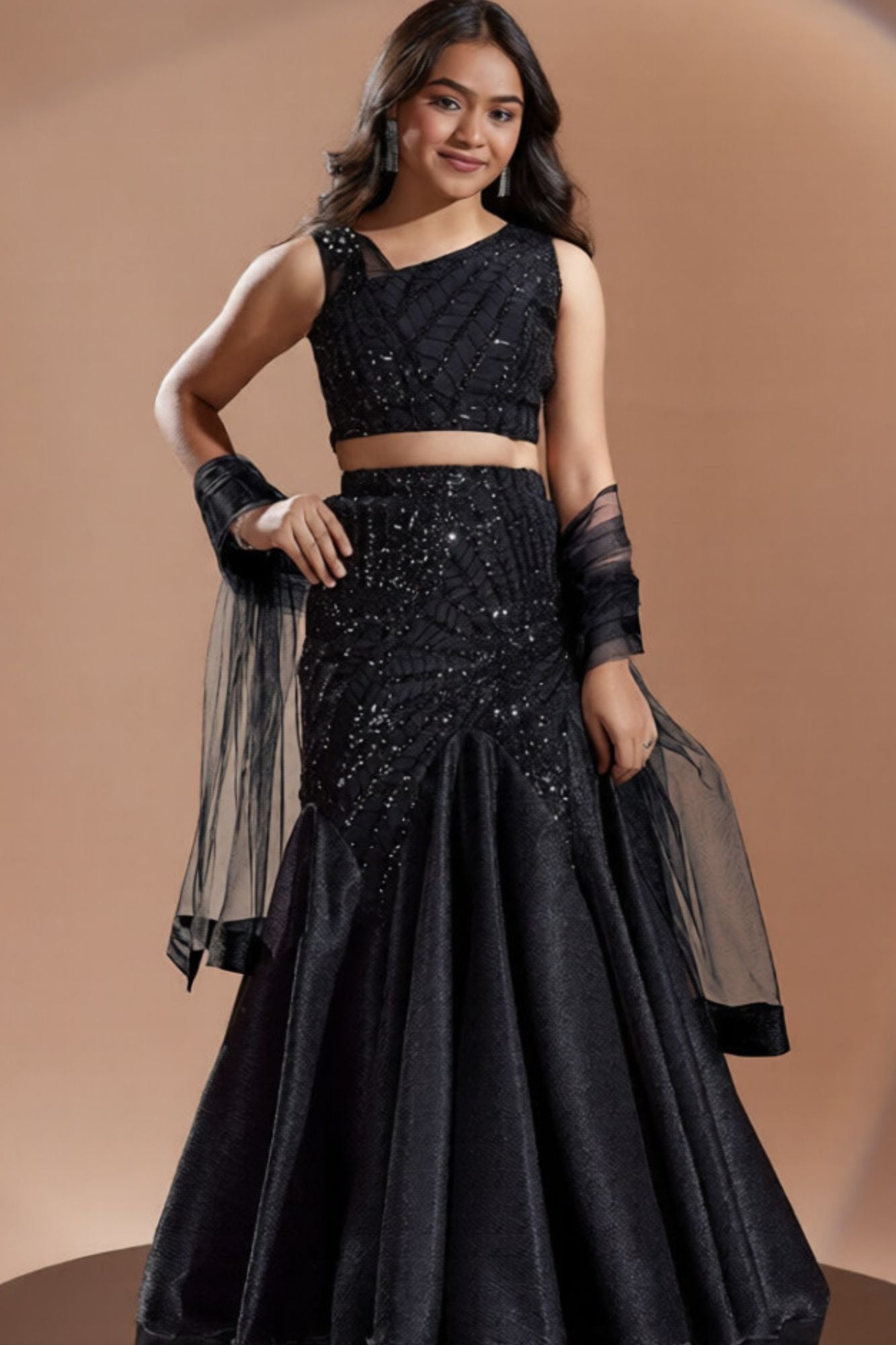Black Sequin Embellished Fish Cut Lehenga Set For Girls