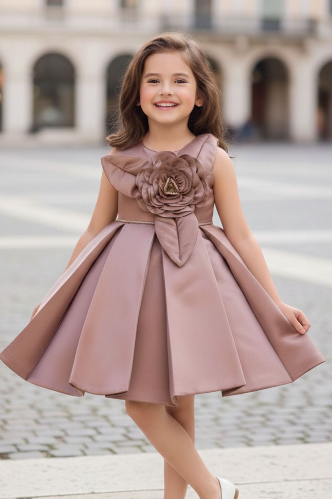 Copper Brown Floral Embellished Party Wear Frock For Girls