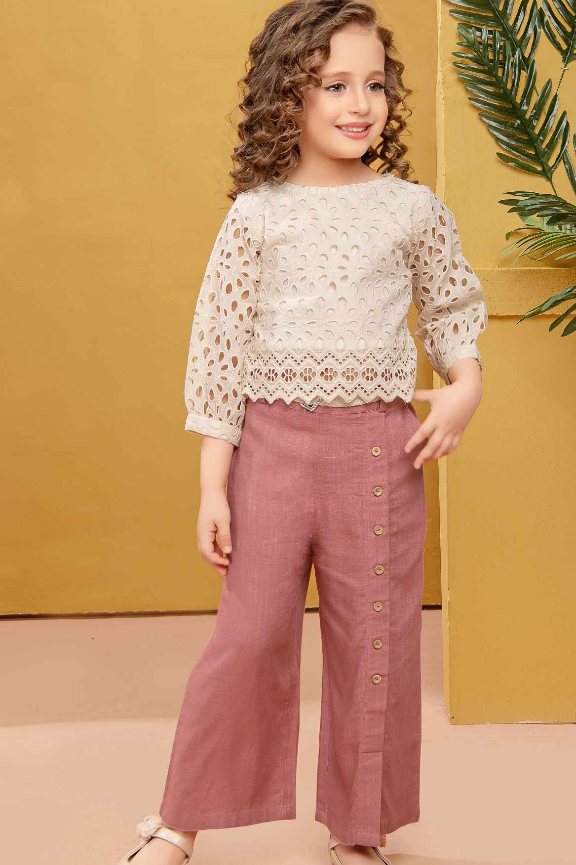 Blush Pink Palazzo Set with Lace Embroidered Top For Girls
