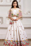 Elegant White Floral Embroidered Lehenga Choli With Embroidered Cape For Girls