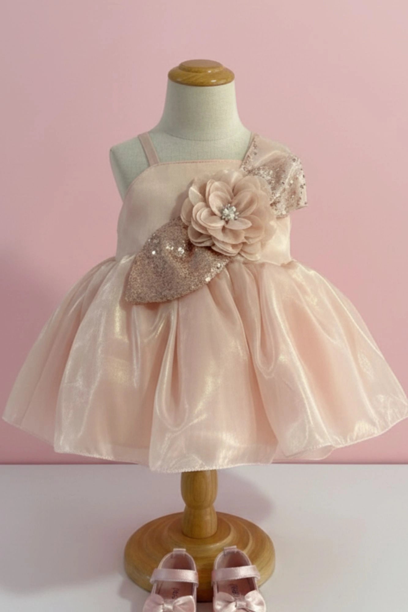 Peach Shimmer Party Frock with Sequin Floral Bow for Girls