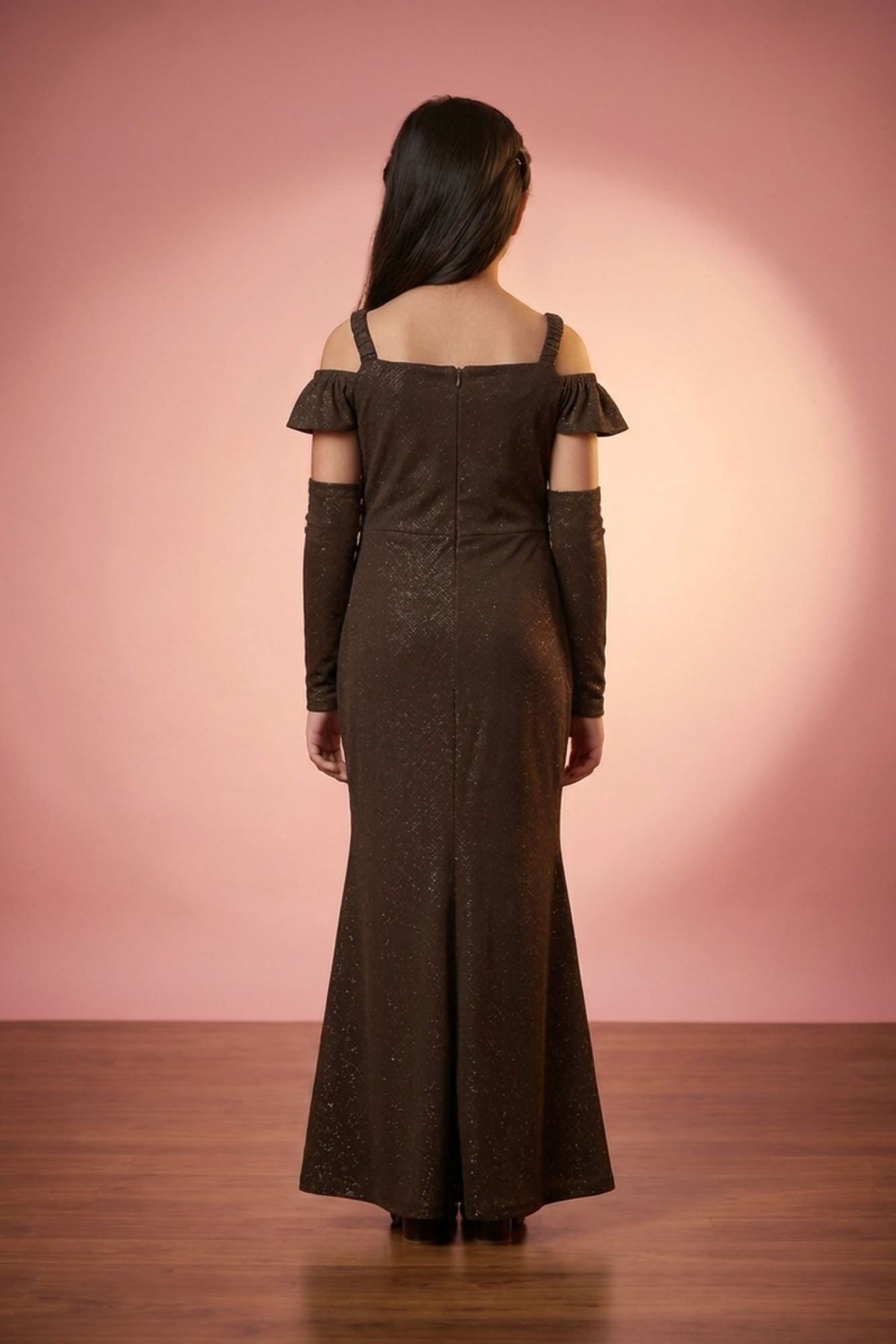Coffee Brown Glitter Cold-Shoulder Mermaid Gown with Matching Arm Sleeves For Girls