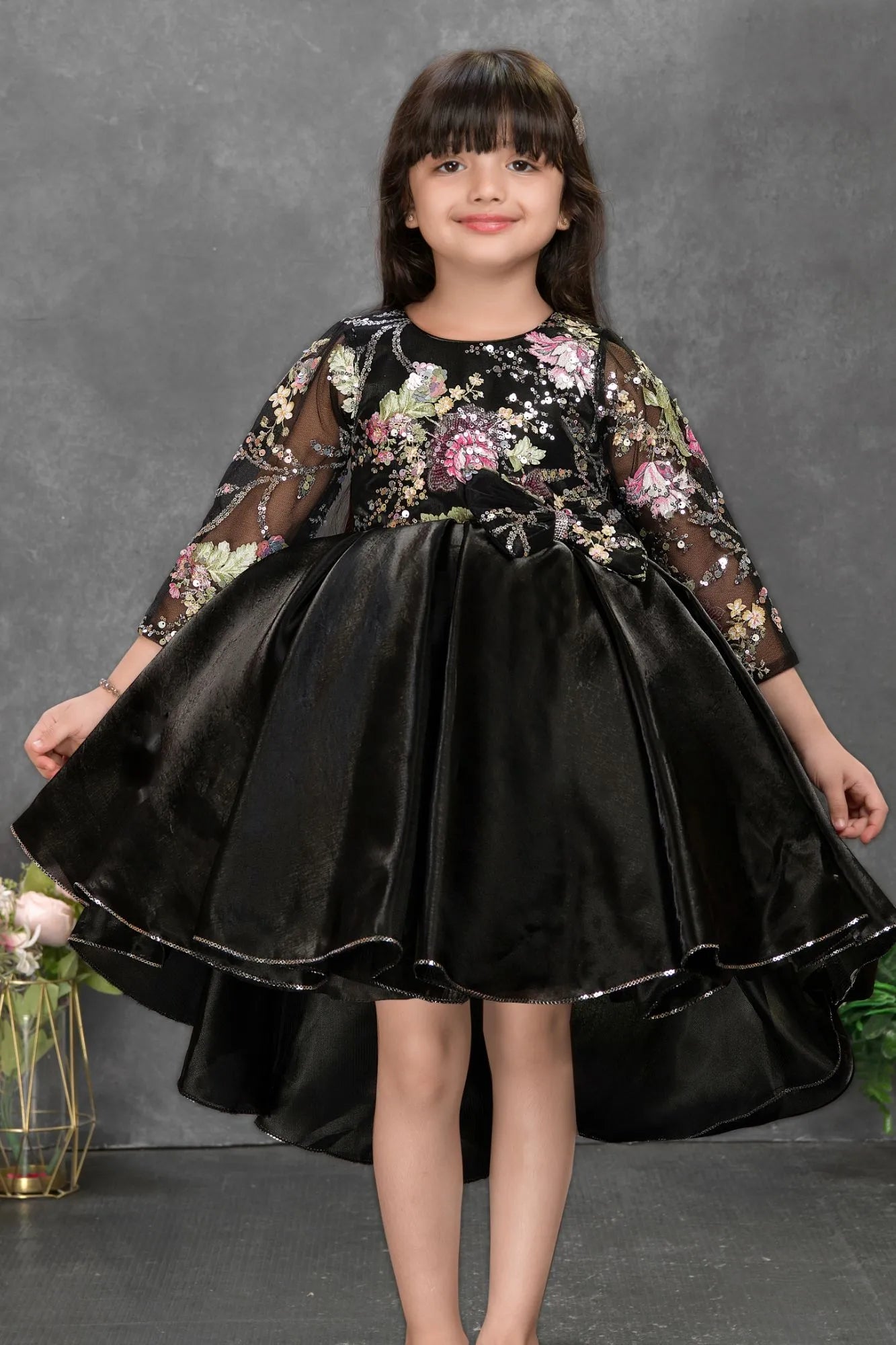 Midnight Black Floral Embroidered Tail Back Party Wear Frock For Girls