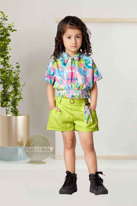 Green Printed Top With Shorts Sets For Girls