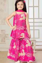 Rani Pink Printed Sleeveless Sharara Set For Girls