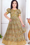 Multicolor Mirror Work And Floral Printed Ethnic Gown For Girls