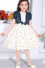 Floral Printed Off White Partywear Frock With Blue Overcoat For Girls