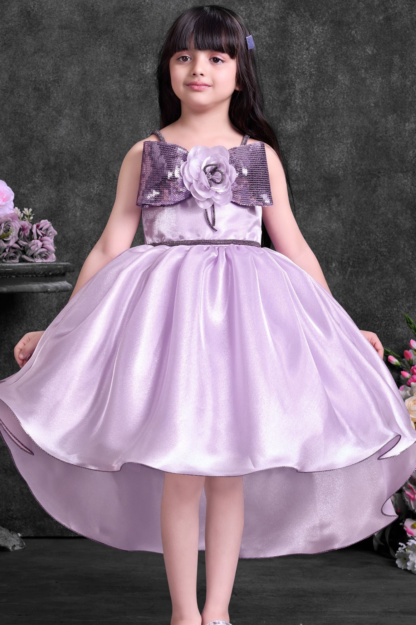 Lavender High-Low Party Wear Frock with Sequin Bow For Girls