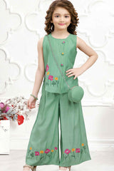 Green Embroidered Work Palazzo Set With Sling Bag For Girls