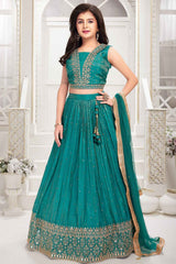 Rama Green Sequin and Embroidery Lehenga Choli Set For Girls