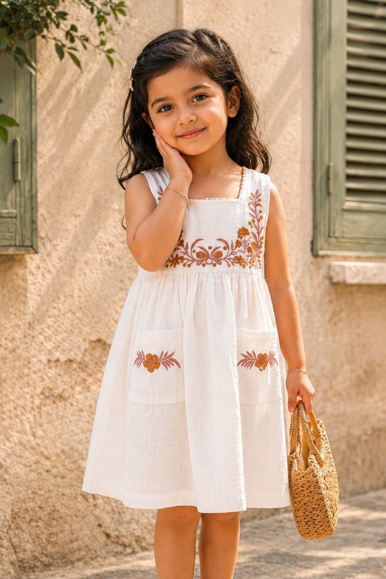 White Floral Embroidered Frock with Pockets