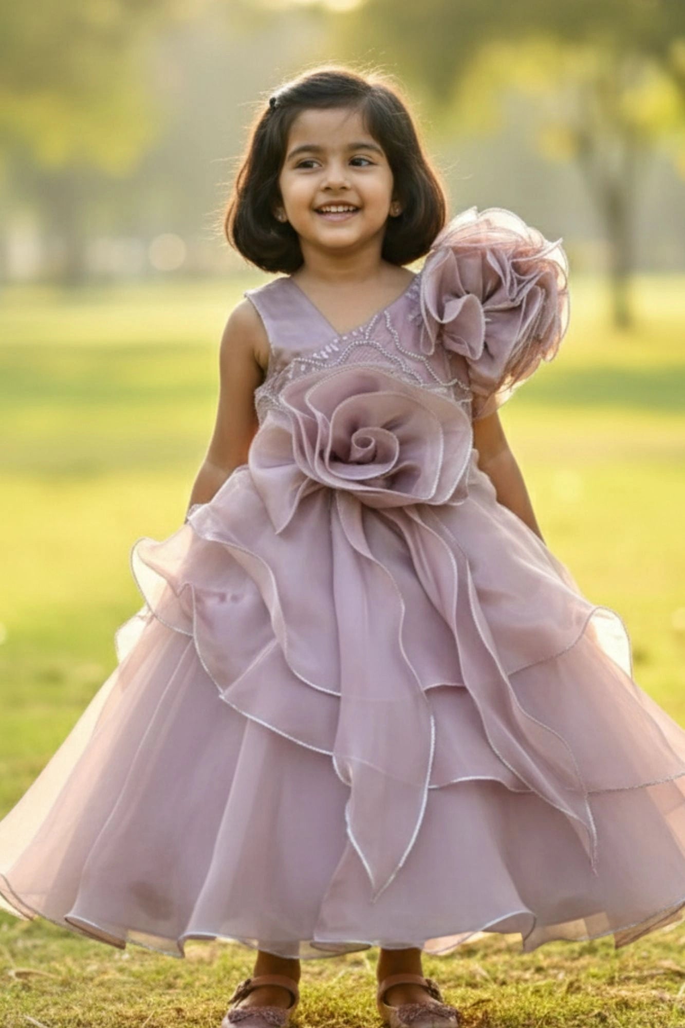 Fawn Layered Organza Party Wear Gown For Girls