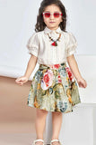 Beige Puff Sleeve Shirt & Green Floral Pleated Skirt Set For Girls