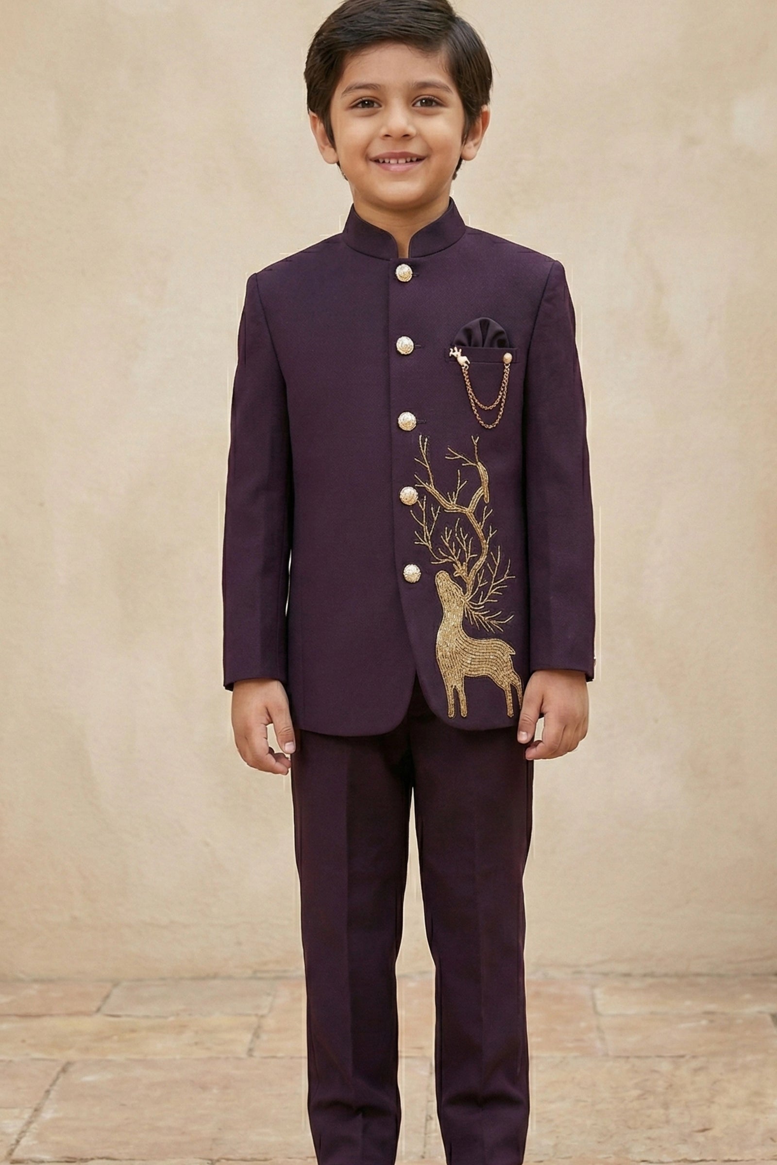 Designer Plum Purple Jhodhpuri Suit Set With Royal Deer Motif For Boys