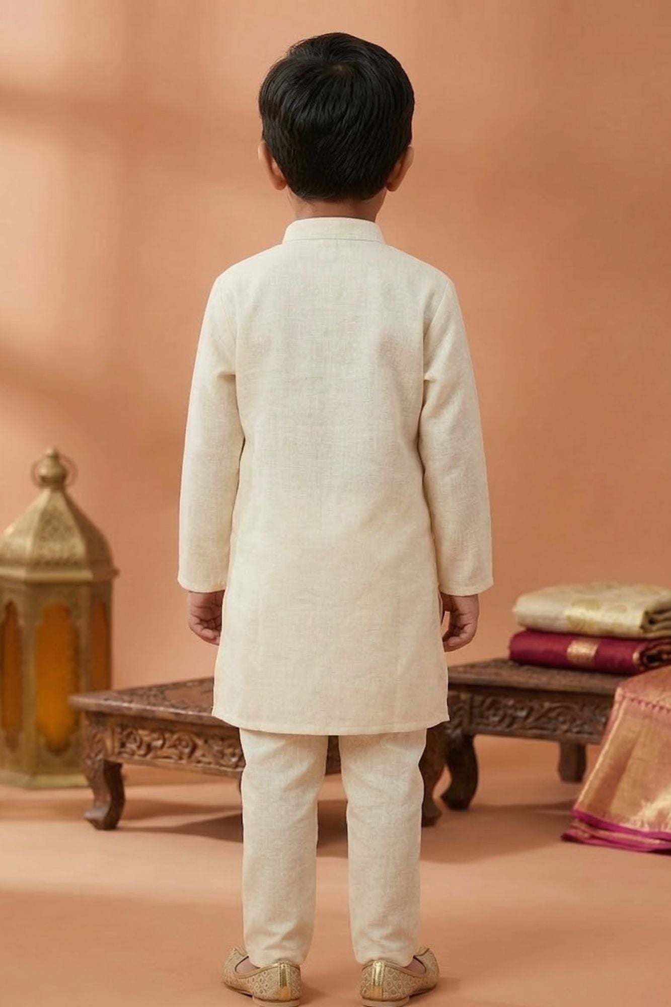 Cream Embroidered Linen Kurta Set For Boys
