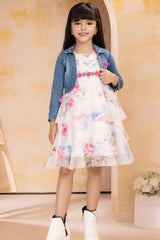 White Sleeveless Floral Printed Frock With Denim Overcoat For Girls