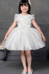 Designer Cream Satin Sequin And Floral Embellished Frock For Girls