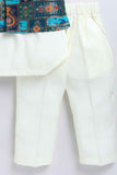 Blue Brocade Waist Coat With Cream Kurta And Pant Set For Boys