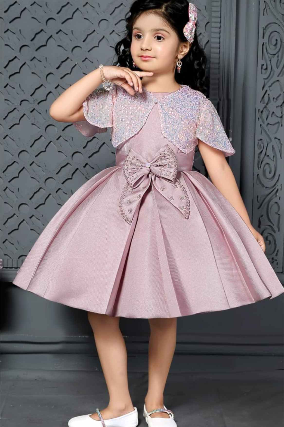 Onion Pink Bow Embellished Party Wear Frock With Sequins Work Overcoat For Girls